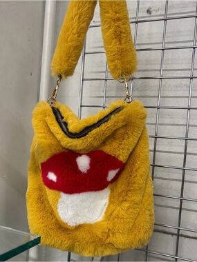 NWT Dolls Kill Mushroom Faux Fur Tote Bag Yellow Plush Shoulder Purse